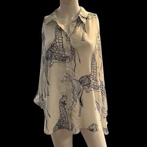 Jane & Delancey Top White Giraffe Animal Print Linen Blend Button Down L Safari